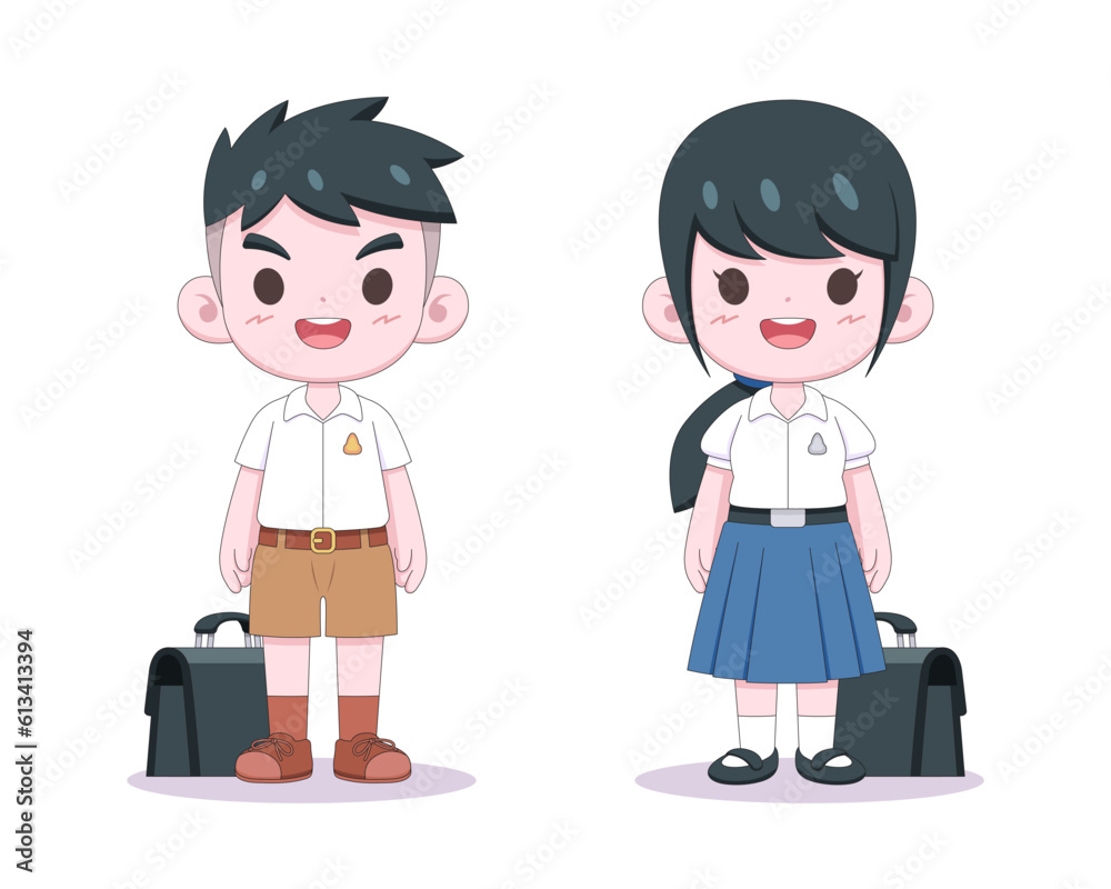 Cute Thai students in uniform standing cartoon illustration
