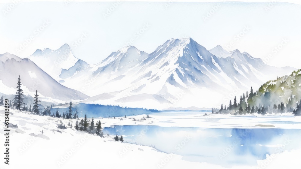 SNOW MOUNTAIN LANDSCAPE WITH LAKE AS A WATERCOLOR ILLUSTRATION. GENERATIVE AI.