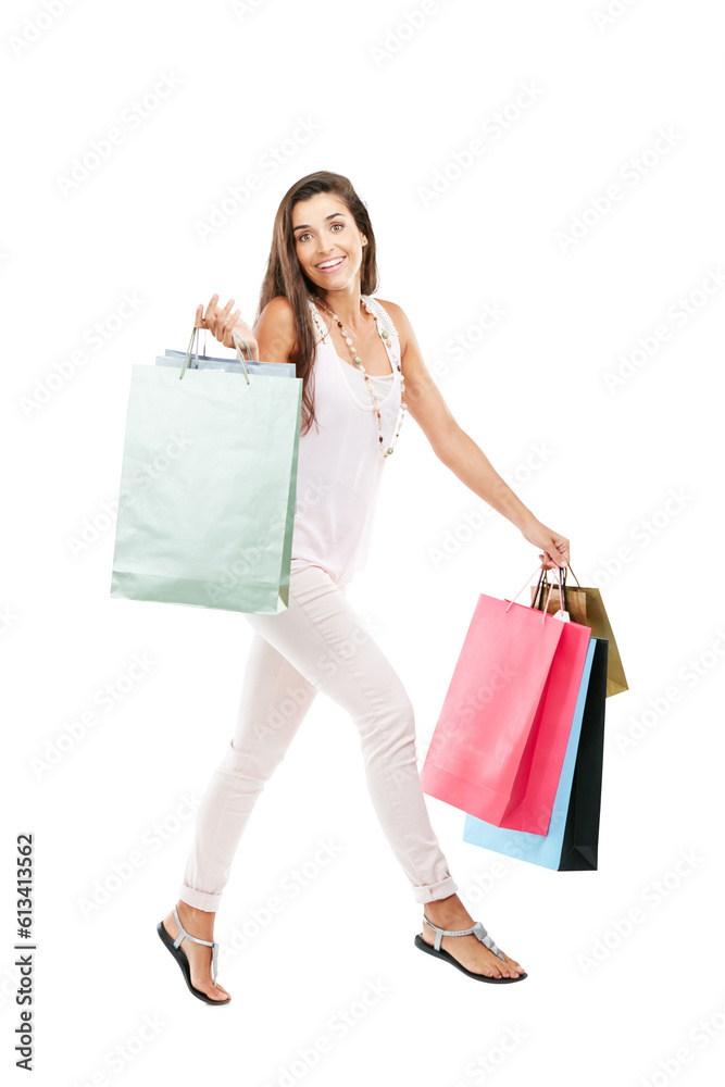 Happy woman, jump with shopping bag and excited in portrait, retail with fashion isolated on transparent png background. Positive Customer experience, commerce and female model with store discount