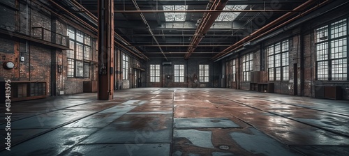 Empty aged factory warehouse building background. Generative AI technology.