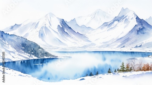 SNOW MOUNTAIN LANDSCAPE WITH LAKE AS A WATERCOLOR ILLUSTRATION. GENERATIVE AI. © senadesign