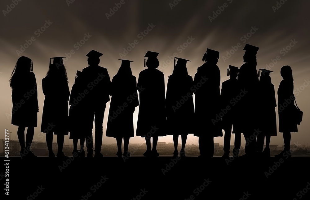 Silhouettes of group of graduates standing in a line. Generative ai