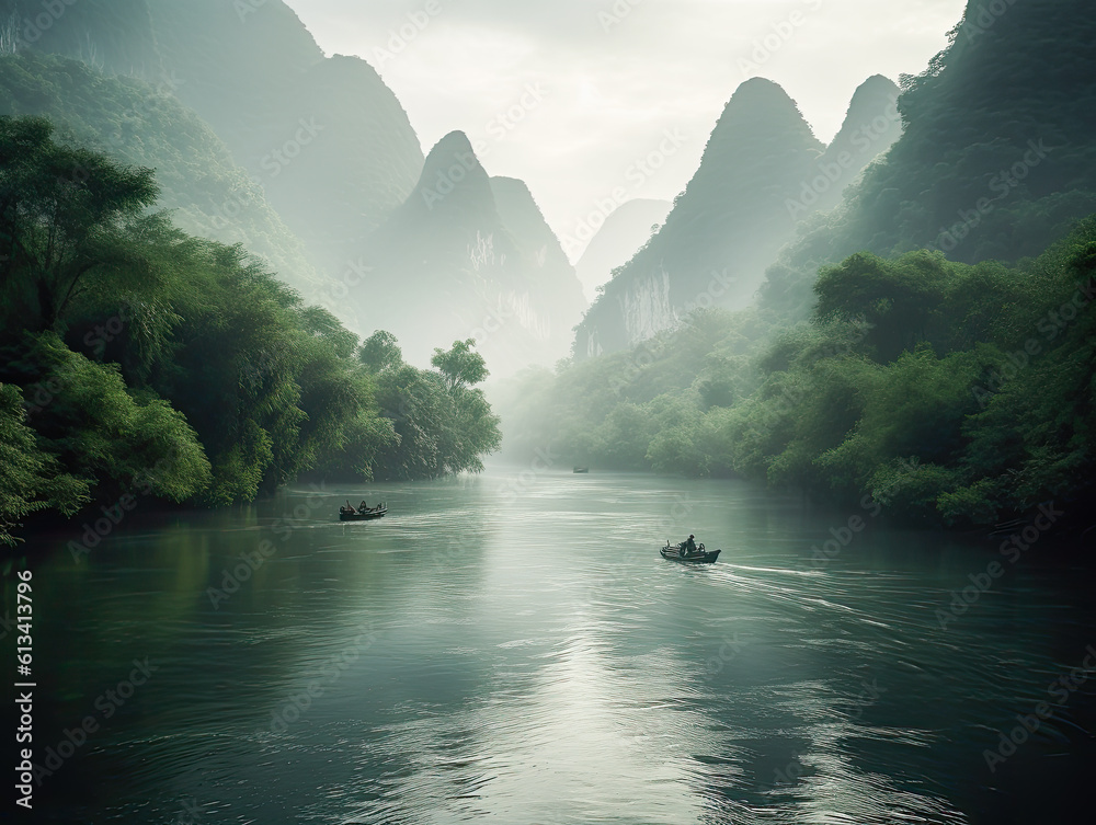 Guilin's mountains and waters shrouded in clouds. Immerse yourself in the tranquility of Guilin's picturesque mountains and calm waters embraced . Generative AI.. - obrazy, fototapety, plakaty 