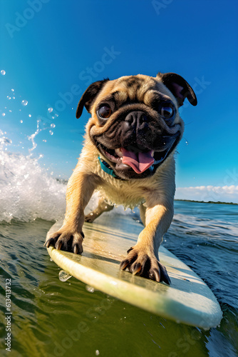 Illustration of a happy Pug surfing on a wave in tropical waters. Generative AI. © Carsten Reisinger