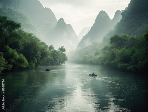 Guilin's mountains and waters shrouded in clouds. Immerse yourself in the tranquility of Guilin's picturesque mountains and calm waters embraced . Generative AI..