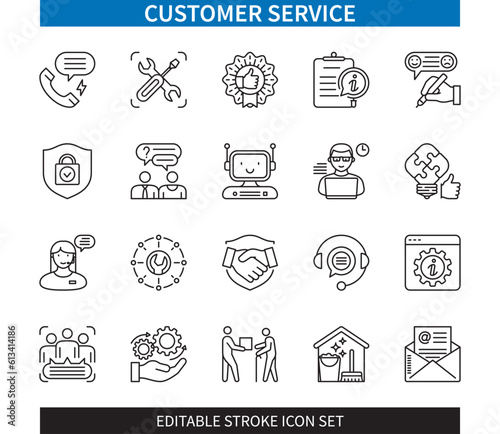 Editable line Customer Service outline icon set. Feedback, Help, Assistance, FAQ, Information, Support, Problem Solving, Technical Support. Editable stroke icons EPS