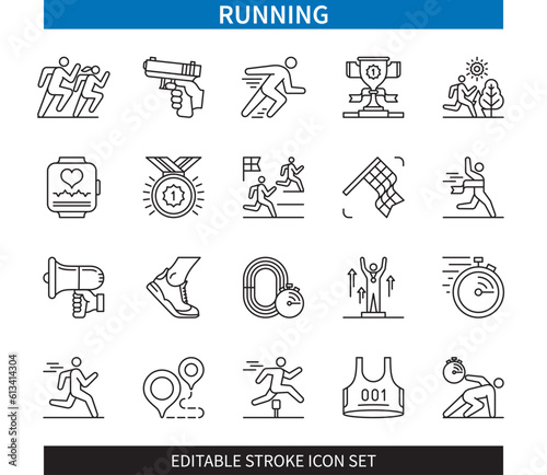 Editable line Running outline icon set. Sprint  Marathon  Win  Hurdle  Trophy  Distance  Cardio  Starting Pistol. Editable stroke icons EPS