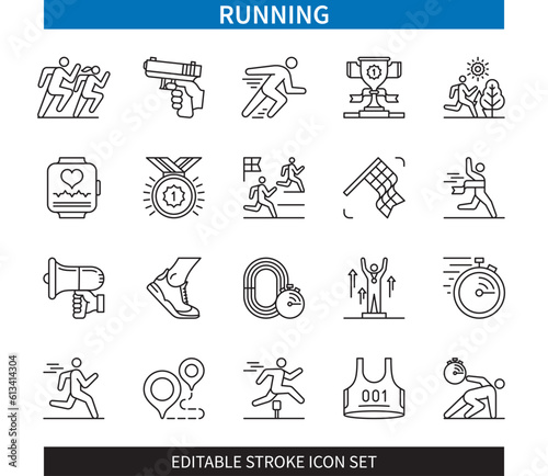 Editable line Running outline icon set. Sprint, Marathon, Win, Hurdle, Trophy, Distance, Cardio, Starting Pistol. Editable stroke icons EPS