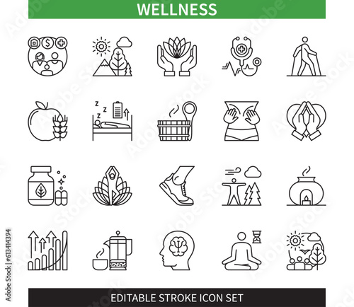 Editable line Wellness outline icon set. Health, Massage, Nutrition, Running, Aromatherapy, Welfare, Yoga, Sauna. Editable stroke icons EPS
