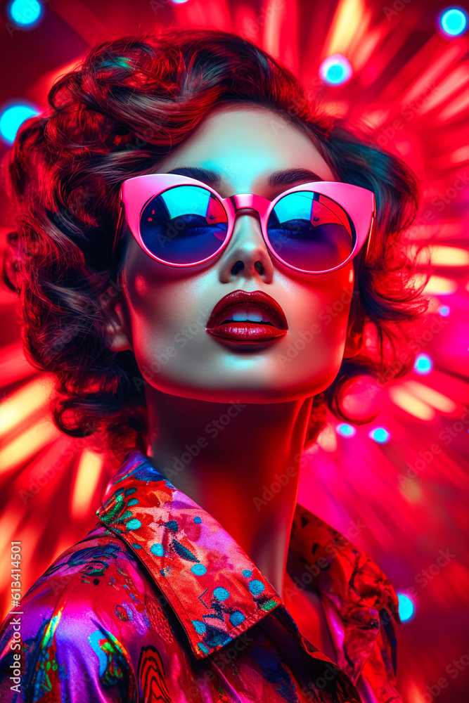 Obraz premium A vivid colorful portrait of a young, beautiful girl. A modern, charismatic woman. Surrealistic, psychic wave. Neon lights. Illustration, Generative AI.