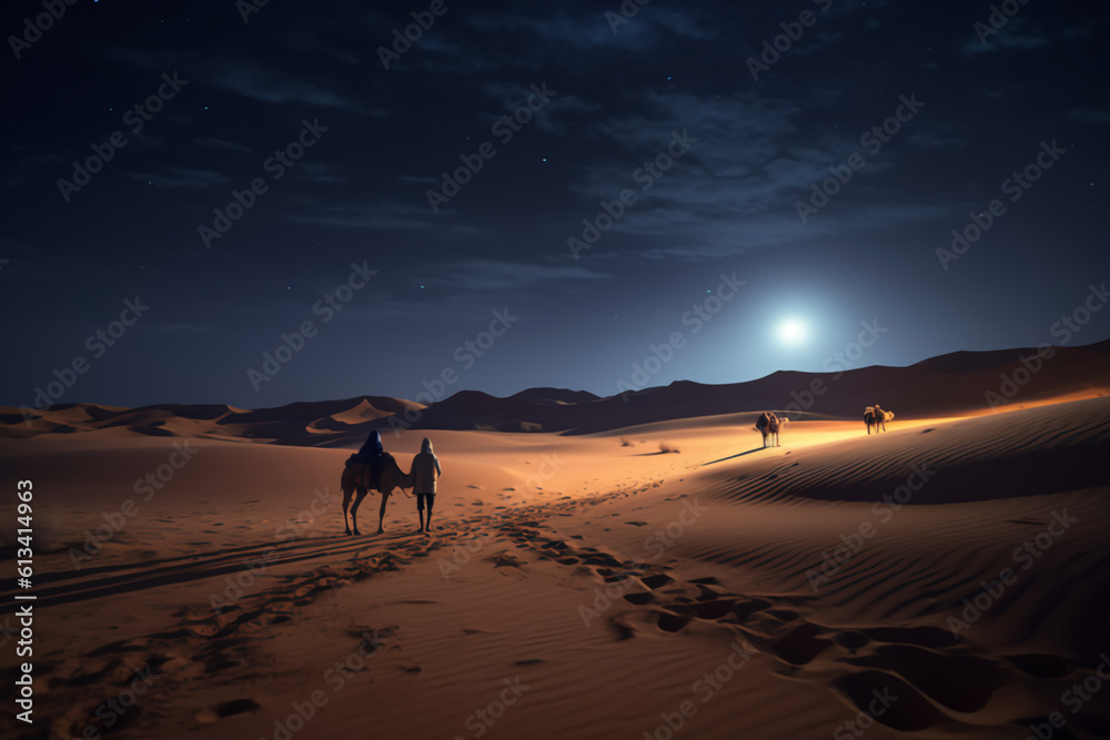 The Empty Quarter desert at night with moonlight and a group of people walking on camels