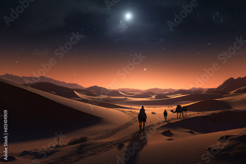 The Empty Quarter desert at night with moonlight and a group of people walking on camels
