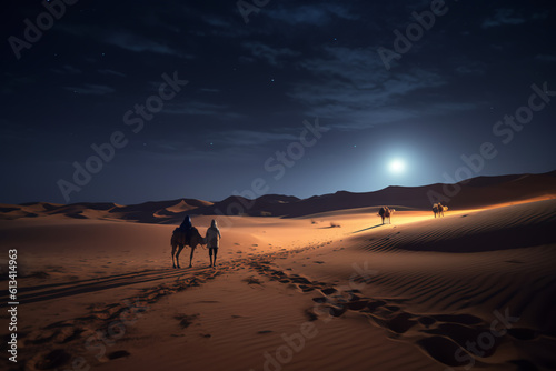 The Empty Quarter desert at night with moonlight and a group of people walking on camels © MUS_GRAPHIC