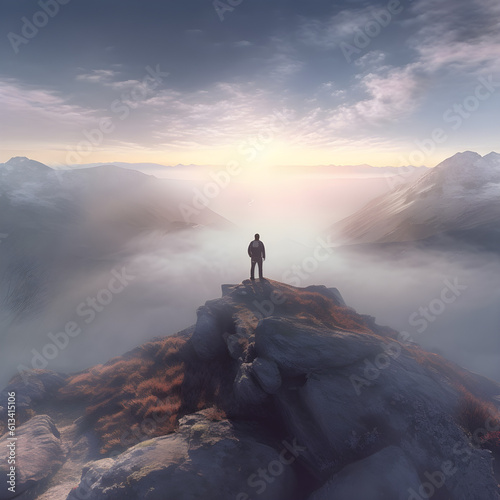 person on the top of mountain, generative ai © Dapur
