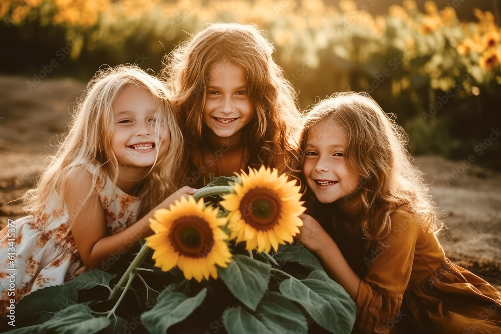Girl and friends laugh and play in a field of sunflower , Summer time concept , Created with generative AI Girl and friends laugh and play in a field of sunflower , Summer time concept , Created with generative AI