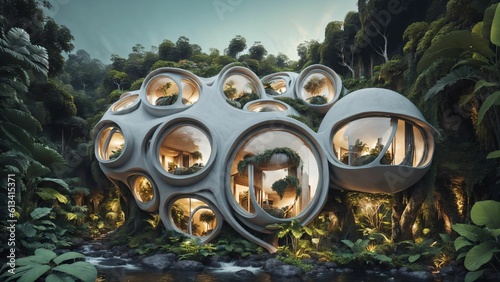 The Hive - Sci-fi futuristic brutalist architecture style building habitat with spherical pattern façade in the rainforest at dusk - Generative AI Illustration