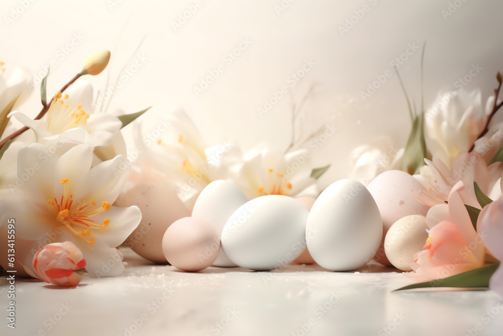Blank copy space in the middle surrounded by easter background with pastel color flowes, Generative AI. Blank copy space in the middle surrounded by easter background with pastel color flowes, Generative AI.