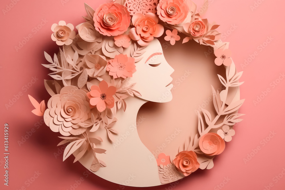 Paper art style , Women's day specials offer sale wording isolate , Happy women's day 8 march with women of different frame of flower , Created with generative AI