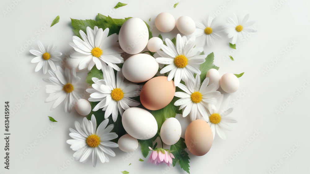 Top view of easter background or white greeting card with flowers, Generative AI.