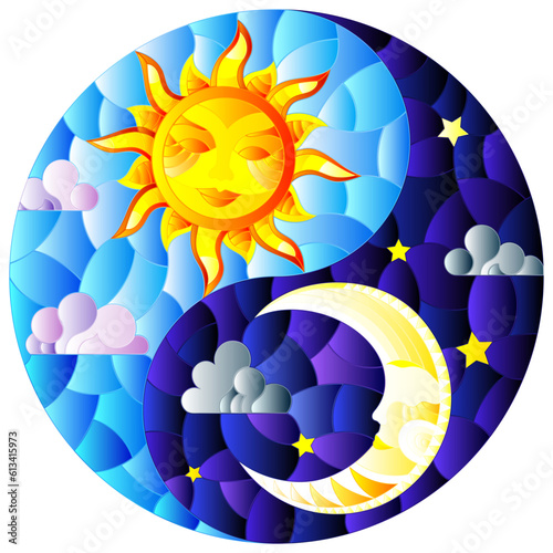 Illustration with sun and moon on sky background in the form of Yin Yang sign, circular image