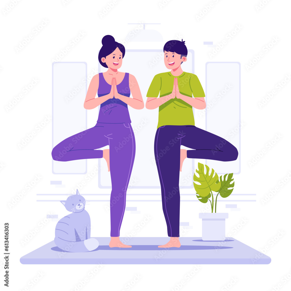 Couple is doing yoga together flat illustration