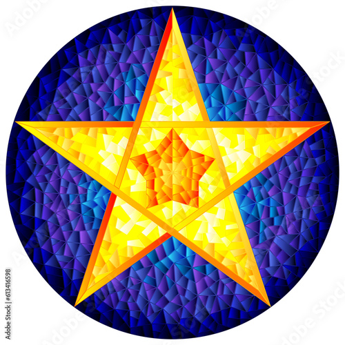 Illustration in stained glass style with abstract ryellow  five-pointed star on blue background, round image photo
