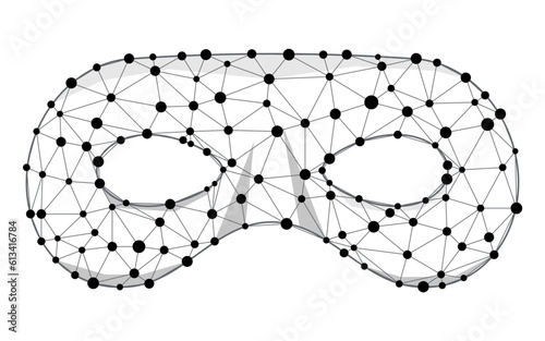 Mask superhero or carnival bandit   wireframe vector icon. Black masquerade costume eye mask silhouette hidden villain scammer face. Line and dot future technology masque shape clip art illustration.