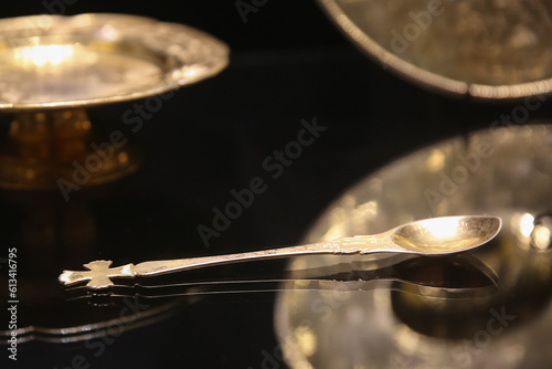 Moscow, Russia- April 13, 2023: State Historical Museum, the museum of the Patriotic War of 1812. A liturgical set from the Alexander 1 field Church, 18th century
