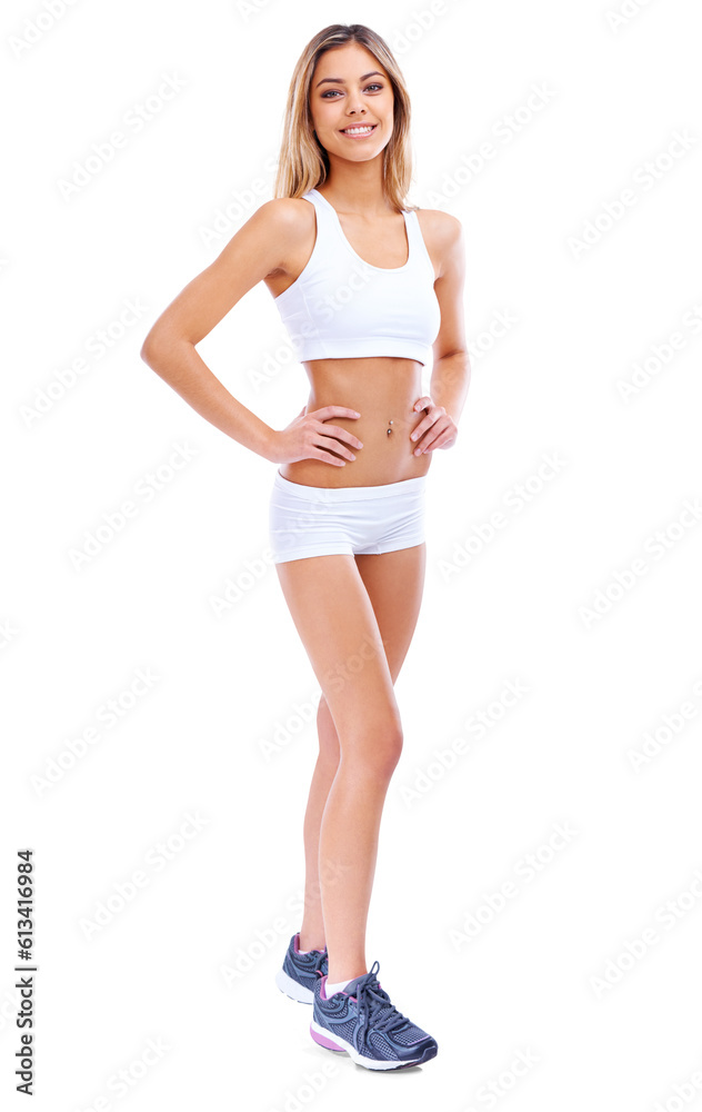 Happy woman, portrait and fitness with hands on hips standing isolated on a transparent PNG background. Fit, active and sport female person posing in confidence for healthy body, workout or exercise Happy woman, portrait and fitness with hands on hips standing isolated on a transparent PNG background. Fit, active and sport female person posing in confidence for healthy body, workout or exercise