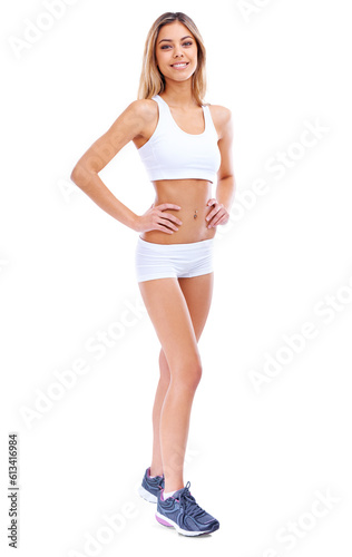 Happy woman, portrait and fitness with hands on hips standing isolated on a transparent PNG background. Fit, active and sport female person posing in confidence for healthy body, workout or exercise