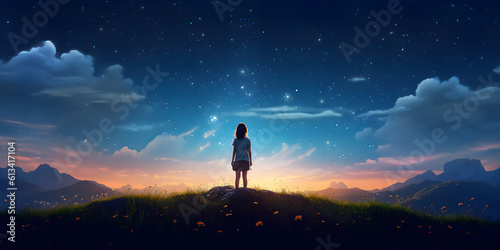 girl standing on a mountain, night sky with stars