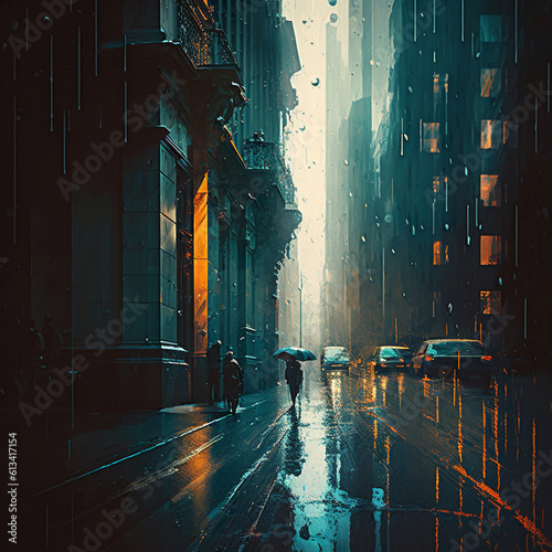 Night city in the rain with reflections on wet street. © marylooo