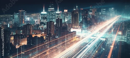 Vast cityscape building background. Fast speed light trails effect. Generative AI