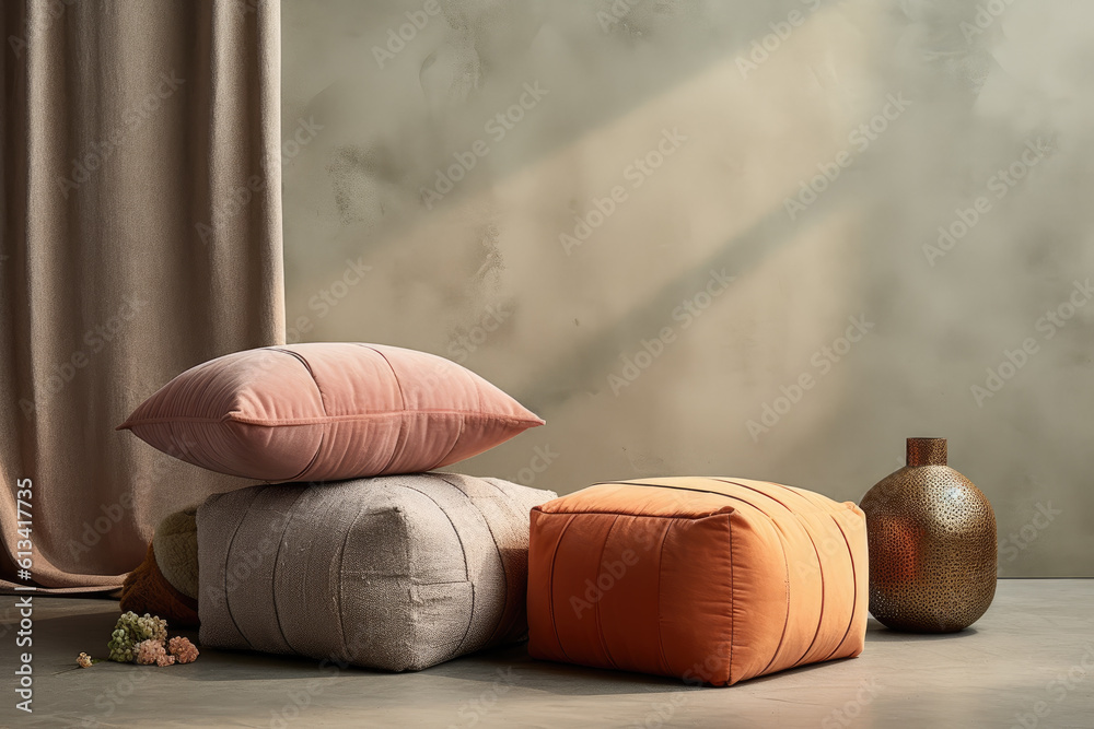 Generative AI - Stylish Ottoman with Throw Pillows and Poufs Generative AI - Stylish Ottoman with Throw Pillows and Poufs