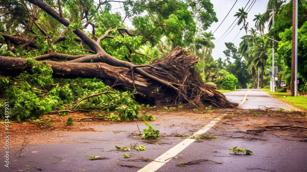Fallen down big tree caused damage of yard fence after hurricane. AI ...