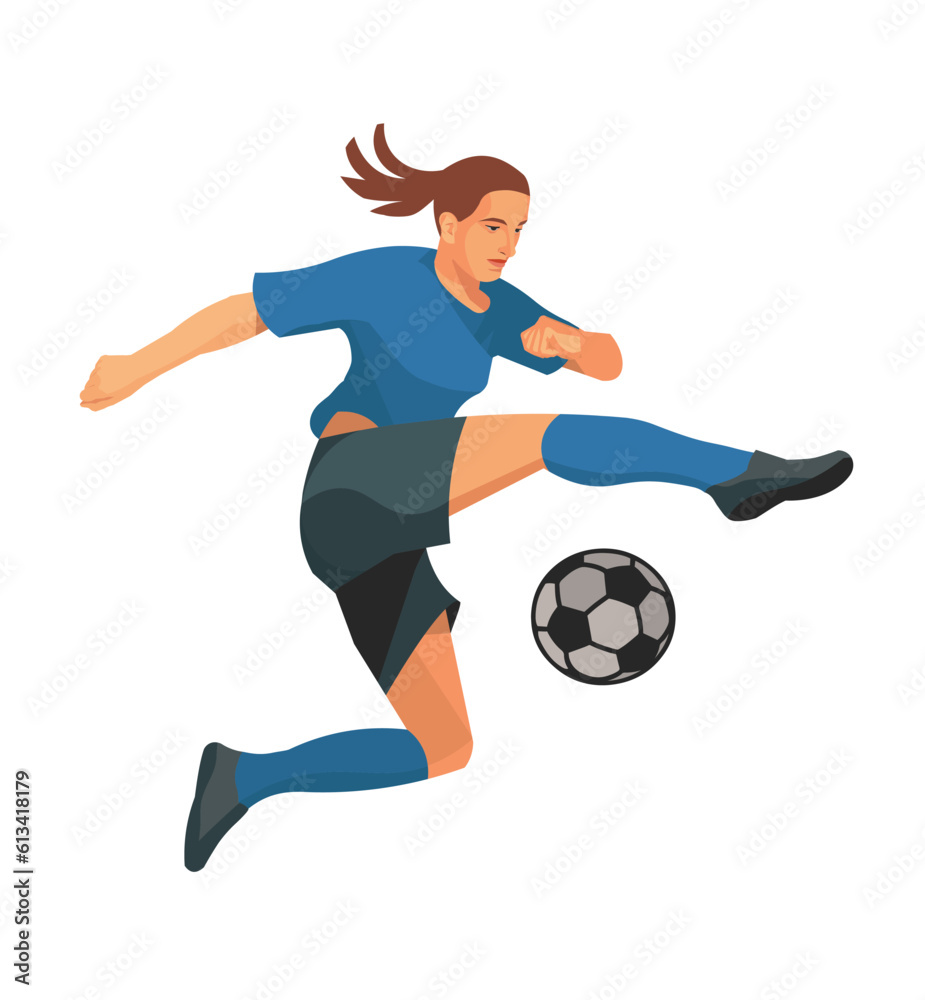 Figure of a girl playing football jumpimg high to kick the ball