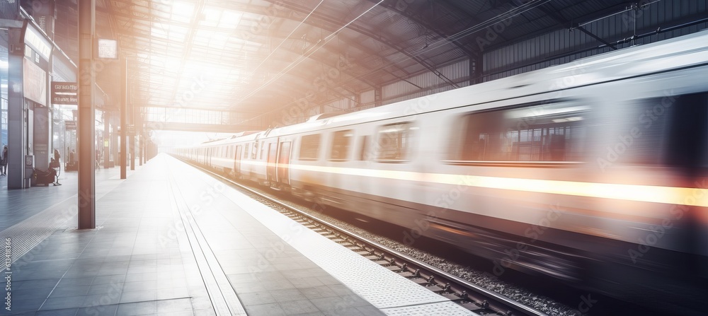 Passenger train passing station. Blurred speed motion effect. Generative AI technology.