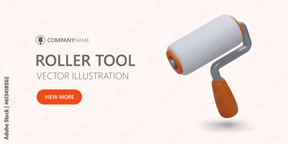 Roller brush for painting ceiling and walls. Tool for simple and quick painting. Vector poster with realistic illustration, text, button, place for logo Roller brush for painting ceiling and walls. Tool for simple and quick painting. Vector poster with realistic illustration, text, button, place for logo