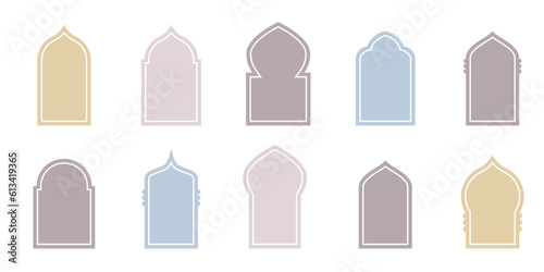 Islamic colored shapes of door arches and frames. Set of oriental style arabic doors and windows. Arabian shape arch. Design element for islamic design  label  banner. Ramadan kareem. Editable vector