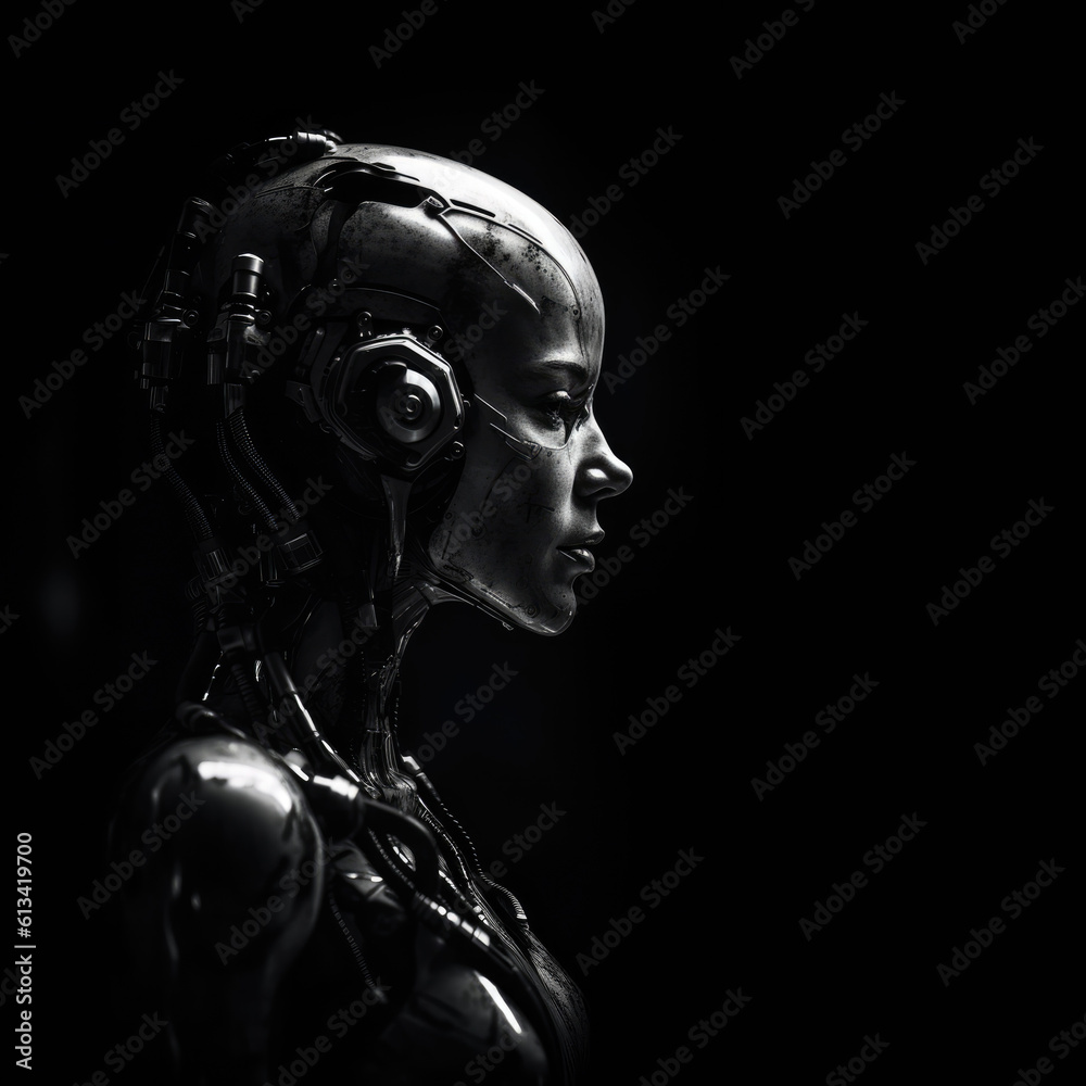 Black and white portrait of a feminine robot. Generative AI Black and white portrait of a feminine robot. Generative AI