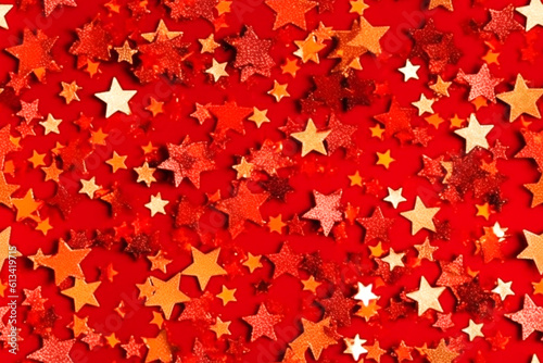 Golden stars on a red background. Festive holiday background for your projects. Christmas pattern. AI generated
