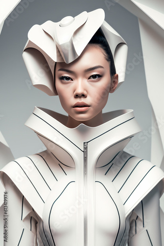 Futuristic Asian Woman: Elegance Embodied in White Attire and Polygonal Helmet