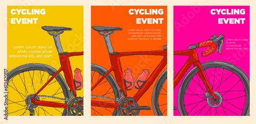 cycling event poster set. parts of road bike. abstract style vector illustration