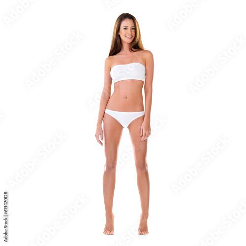 Isolated woman, swimsuit and healthy body in portrait with smile, confidence and transparent png background. Happy young model, underwear or bikini for beach fashion, swimming or summer for aesthetic