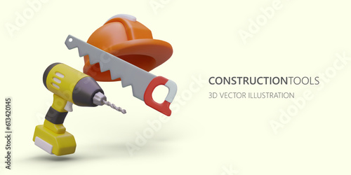 Handy tools for repair and construction. Color poster with 3D figures in plasticine style. Equipment for safe work. Color template for shops, tool makers