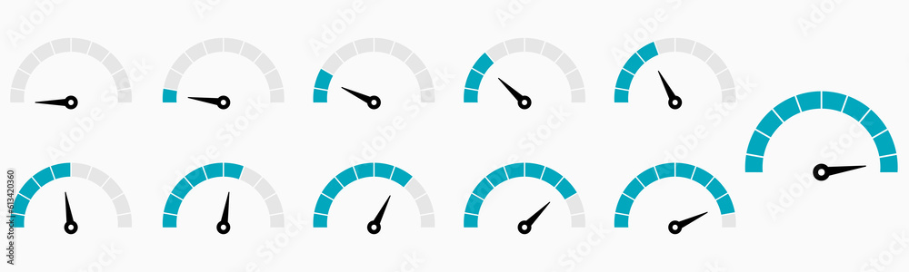 Speedometers icons set. Percentage gauge meter vector illustration 10 eps. - obrazy, fototapety, plakaty 