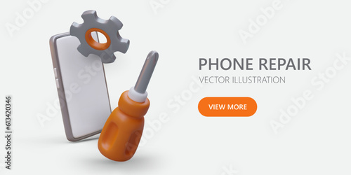 Restoring phones. Popular brands smartphones repair. Vector banner with 3D elements. Professional help. Replacement of case, speaker, microphone, camera. Installing new battery