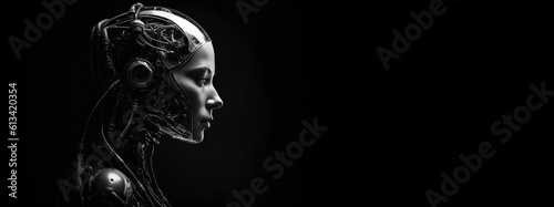 Black and white portrait of a feminine robot. Generative AI