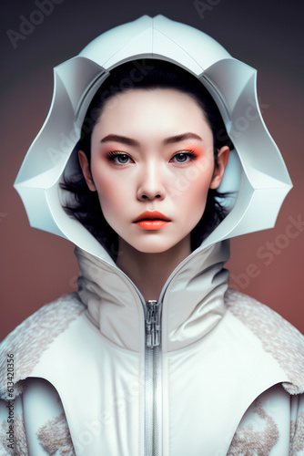 Futuristic Oriental: A Vision in White - Geometric Helmet, degraded Studio Background