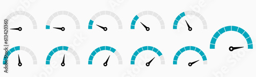 Speedometers icons set. Percentage gauge meter vector illustration 10 eps. photo